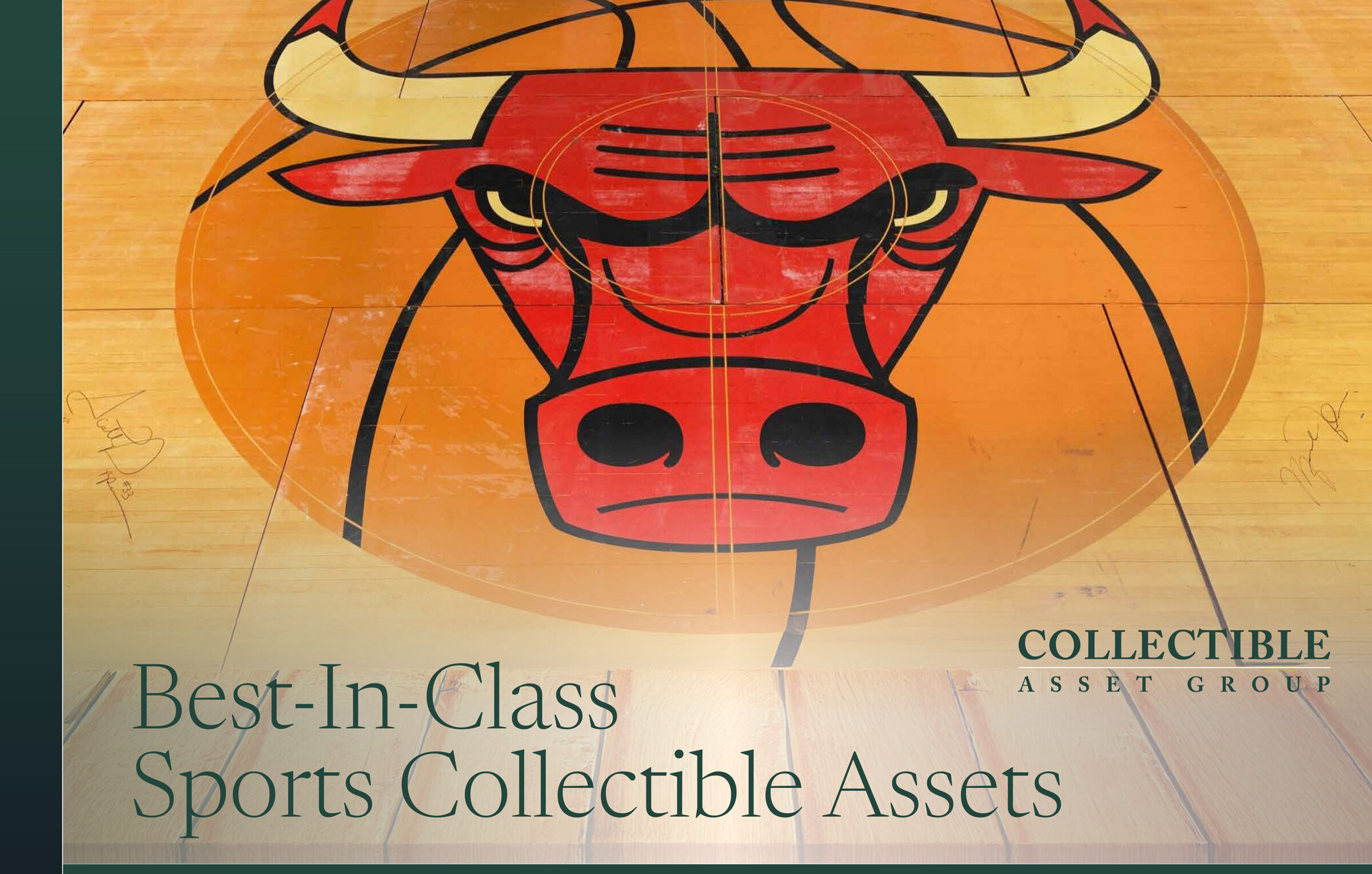 Collectible Asset Group — Best-In-Class Sports Collectible Assets. Private investment fund, targeting $25M+, Fund I, Fall 2026. Pictured: the 1996–1998 Chicago Bulls NBA Finals center-court floor signed by Michael Jordan and Scottie Pippen.
